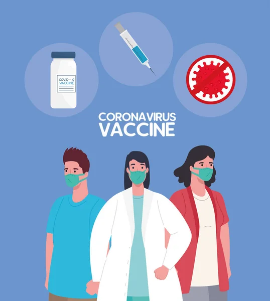 A raça entre o país, para o desenvolvimento da vacina coronavirus covid19, médico fêmea com pacientes e ícones vacinais — Vetor de Stock