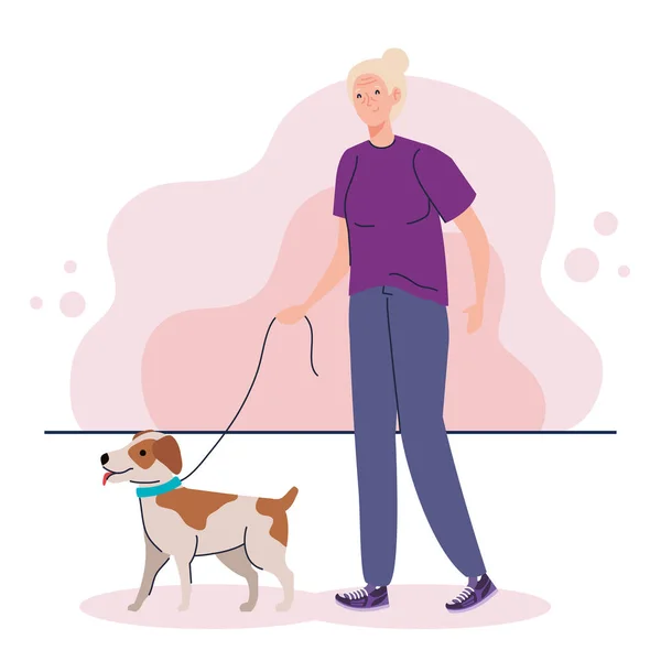 老太婆和宠物狗散步 — 图库矢量图片