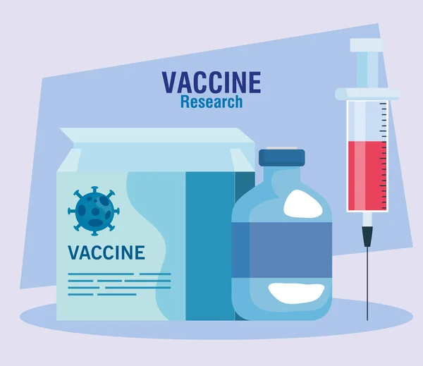 Pesquisa médica de vacinas coronavírus, com caixa, frasco e seringa, pesquisa de vacinas médicas e microbiologia educacional para coronavírus covid19 — Vetor de Stock