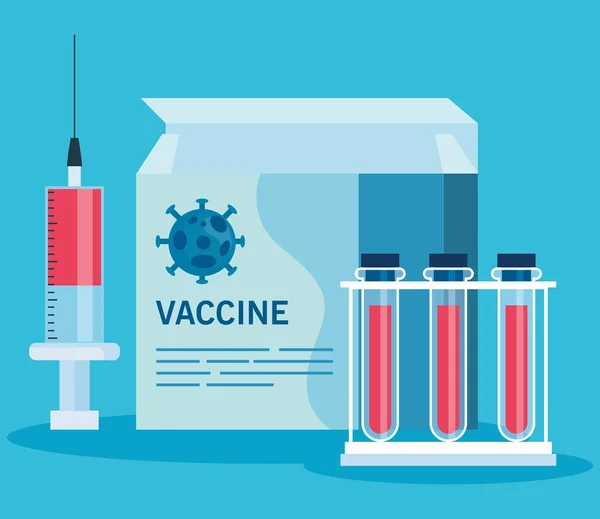 Tıbbi aşı Coronavirus, kutu, şırınga ve tüp testi, tıbbi aşı araştırması ve koronavirüs için eğitici mikrobiyoloji, covid19 — Stok Vektör