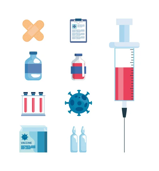 Set Symbole, medizinische Impfstoffforschung Coronavirus, medizinische Impfstoffforschung und pädagogische Mikrobiologie für Coronavirus covid19 — Stockvektor