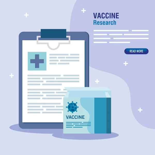 Pesquisa de vacinas médicas coronavírus, com box vaccine e checklist, pesquisa de vacinas médicas e microbiologia educacional para coronavírus covid19 — Vetor de Stock