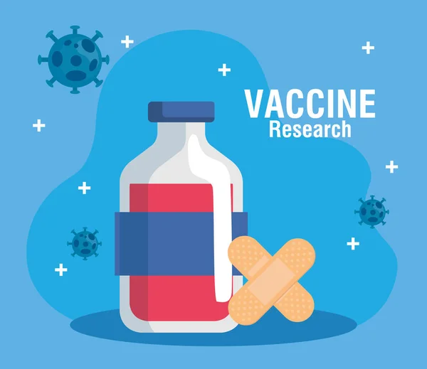 Pesquisa de vacinas médicas coronavírus, com faixas de frasco e cura, pesquisa de vacinas médicas e microbiologia educacional para coronavírus covid19 — Vetor de Stock