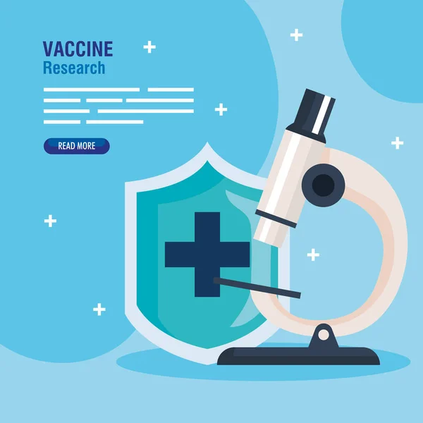 Medisch vaccinonderzoek, met schild en microscoop, wetenschappelijk viruspreventieonderzoek — Stockvector