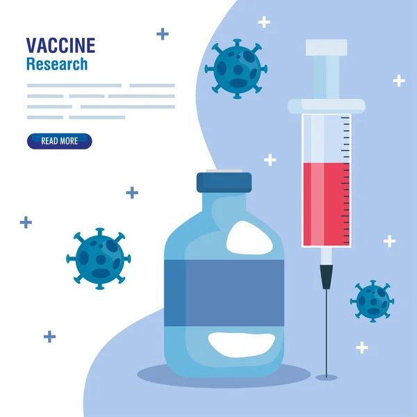 Coronavirus için tıbbi aşı araştırması, şırınga, tıbbi aşı araştırması ve eğitim mikrobiyolojisi içeren ilaç şişesi. — Stok Vektör