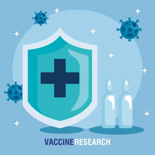 Pesquisa de vacinas médicas coronavírus, com escudo e frascos, pesquisa de vacinas médicas e microbiologia educacional para coronavírus covid19 — Vetor de Stock