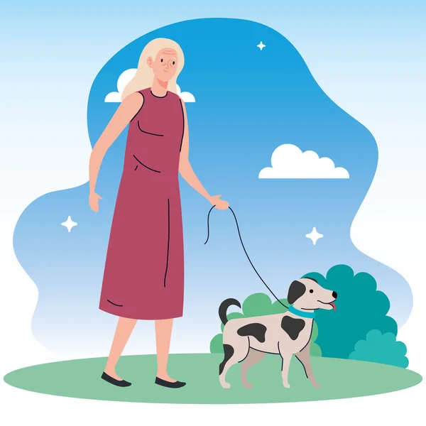 Vieille femme marche avec chien animal de compagnie dans le parc — Image vectorielle