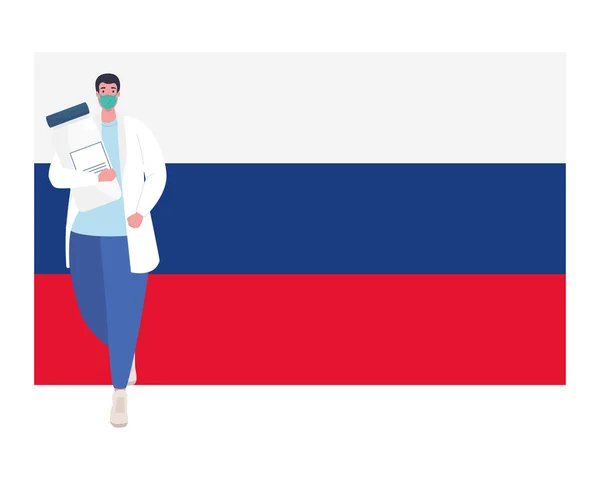 Лікар чоловік з маскою та ковадлою 19 пляшка вакцини на прапорі Русі Векторний дизайн — стоковий вектор