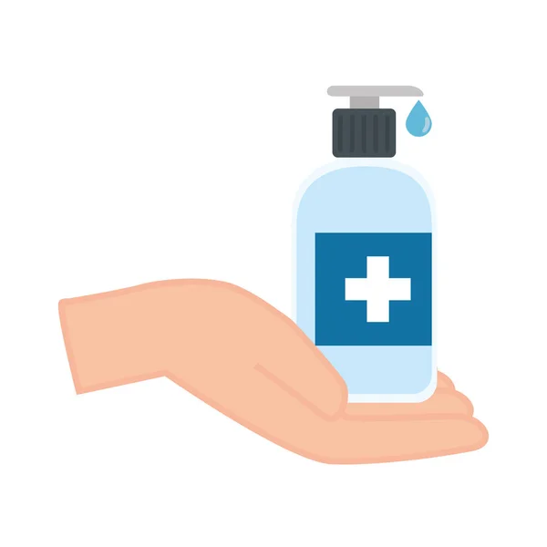 Hands sanitizer bottle with cross label over hand vector design — Stock Vector
