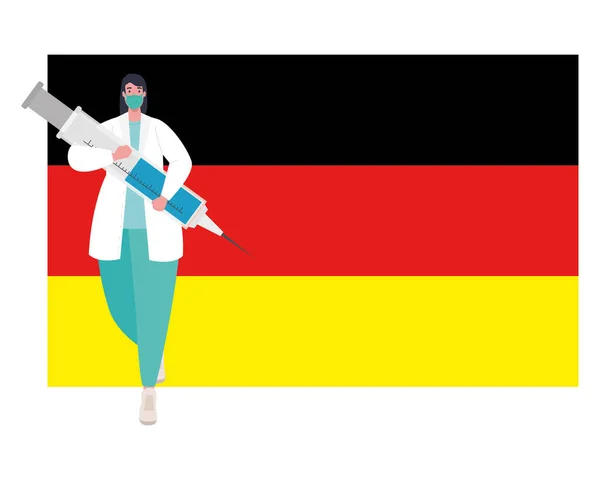 戴口罩的医生，在德国国旗载体设计中注射疫苗19号 — 图库矢量图片