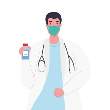 Tıbbi maskeli ve ilaç kavanozu vektör tasarımlı bir adam.