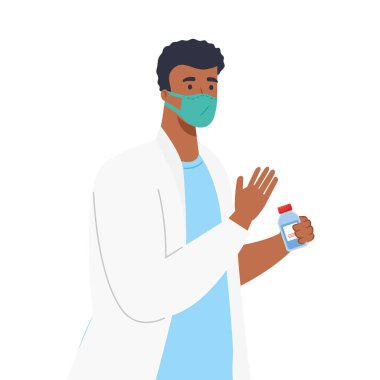 Tıbbi maskeli ve ilaç kavanozu vektör tasarımlı bir adam.