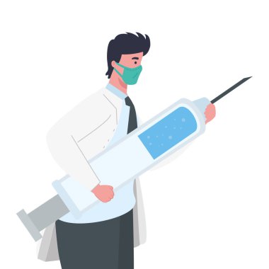 Maskeli bir doktor ve kovid 19 aşı enjeksiyon vektör tasarımı