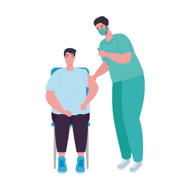 Maskeli doktor hasta ve covid 19 aşı enjeksiyon vektör tasarımı