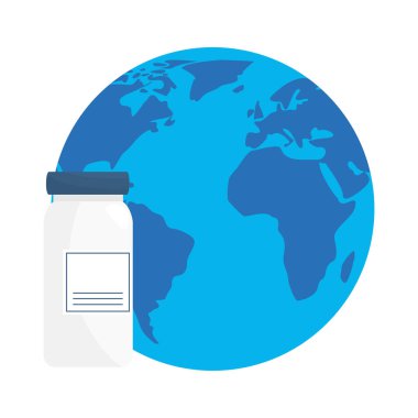 Etiketli laboratuvar şişesi ve dünya vektör tasarımı