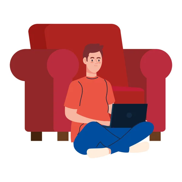 Uomo cartone animato con computer portatile di lavoro e sedia vettoriale design — Vettoriale Stock