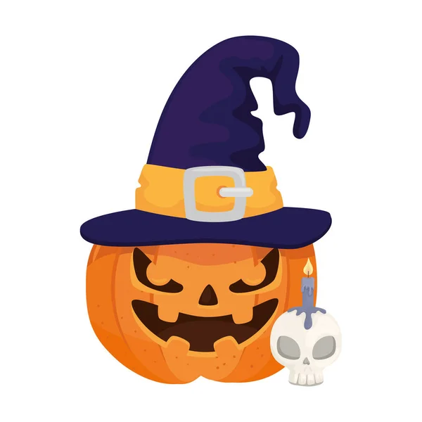 Dibujo animado de la calabaza de Halloween con el diseño del vector de la vela del sombrero y del cráneo — Vector de stock