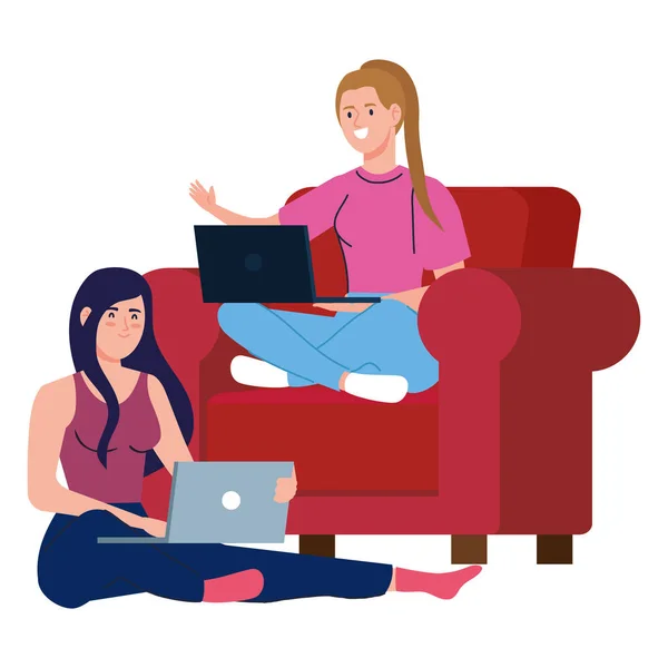 Vrouwen cartoons met laptop op stoel werken vector ontwerp — Stockvector