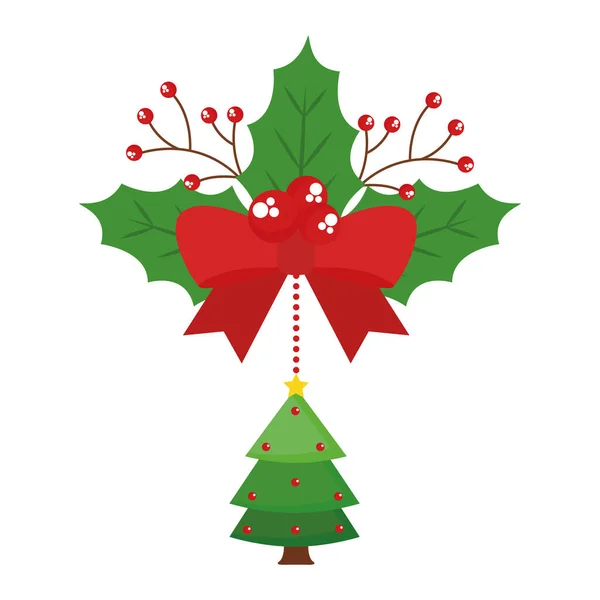 メリークリスマスパインの木は蝶ネクタイベクトルデザインで葉からぶら下がり — ストックベクタ