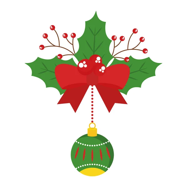 Veselé Vánoce koule visí z motýlku s bobulemi a listí vektorový design — Stockový vektor