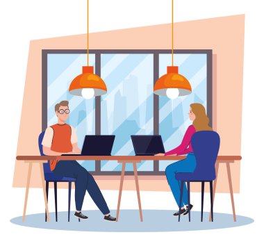 Birlikte çalışma alanı, dizüstü bilgisayarlı genç çift, takım çalışması konsepti.