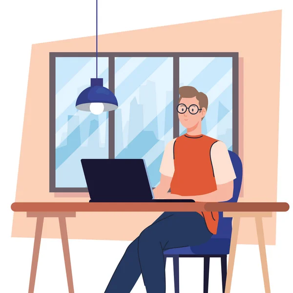Jeune homme utilisant un ordinateur portable dans le bureau, travaillant en ligne — Image vectorielle