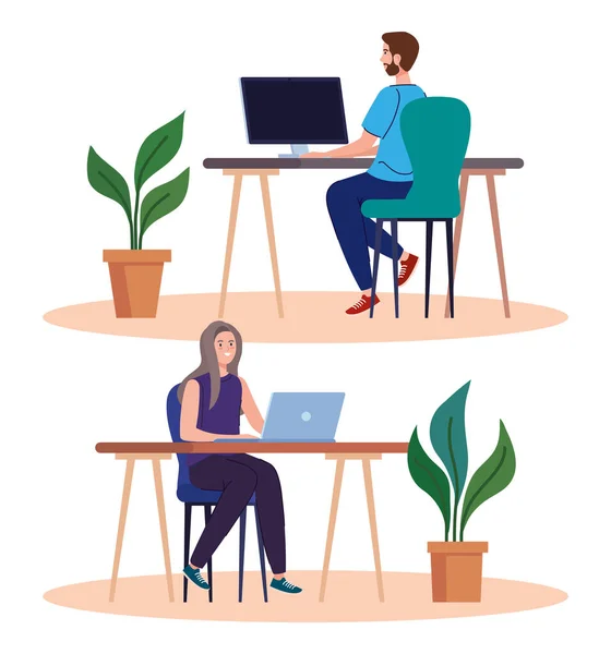 Espaço de coworking, casal em mesas com computadores, conceito de trabalho em equipe —  Vetores de Stock