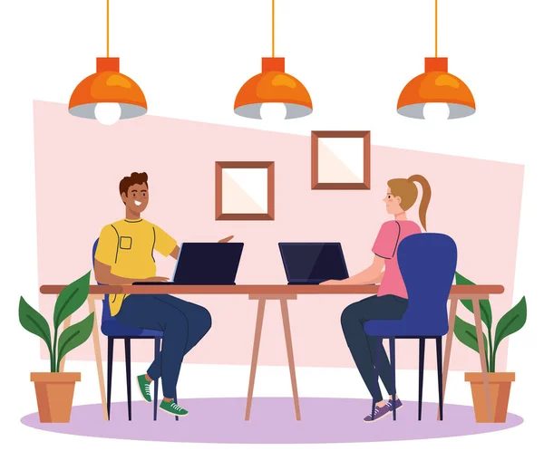 Espaço de coworking, casal na mesa com laptops, conceito de trabalho em equipe —  Vetores de Stock