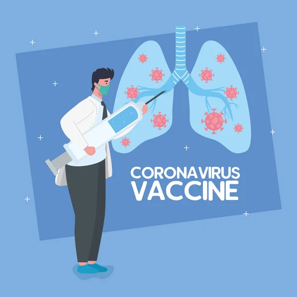 Investigación de vacunas médicas coronavirus, médico hombre con jeringa y pulmones, investigación de vacunas médicas y microbiología educativa para coronavirus covid19 — Vector de stock