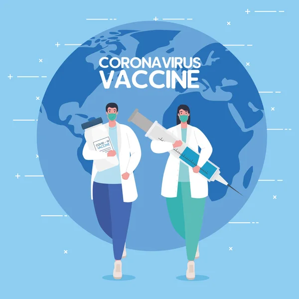 A corrida entre o país, para o desenvolvimento da vacina coronavirus covid19, médicos correndo e planeta mundial em segundo plano —  Vetores de Stock