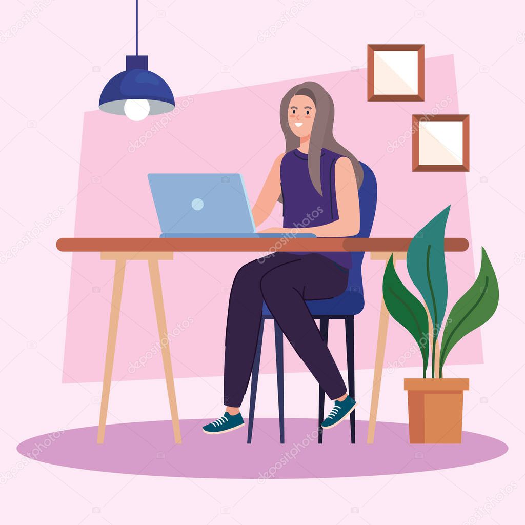 young woman using laptop on desk, working online concept