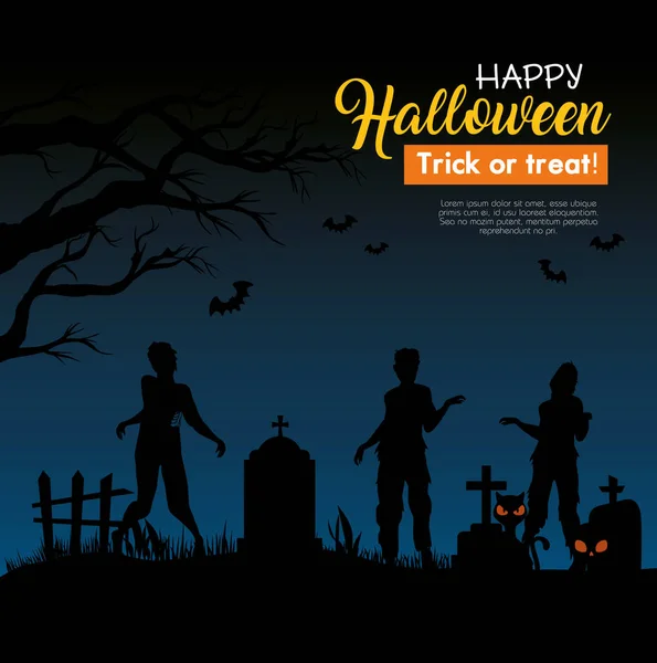 Glad halloween banner med zombies silhuetter på kyrkogården — Stock vektor