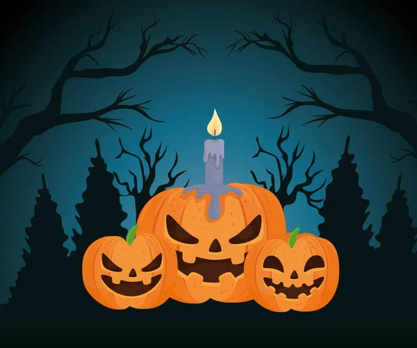 Boldog halloween banner, sütőtök gyertyával a sötét éjszakán — Stock Vector