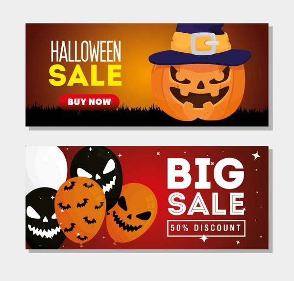 Set banners of halloween sale with decoration — Stock Vector
