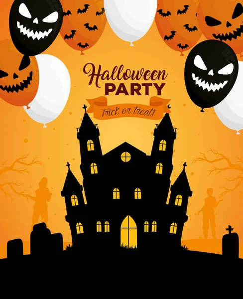 Feliz estandarte de halloween con castillo encantado y globos de helio de miedo — Vector de stock