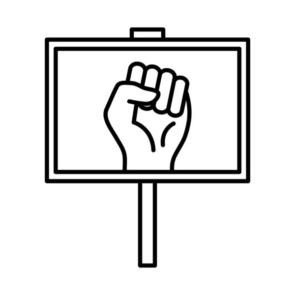 Opgeheven vuist hand in banner board lijn stijl pictogram vector ontwerp — Stockvector