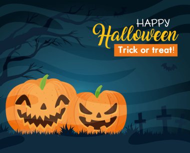 Cadılar Bayramı bayrağınız kutlu olsun. Balkabakları, yarasalar uçuşuyor ve kuru ağaçlarla.