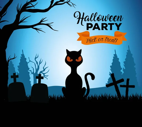Glad halloween banner med svart katt på kyrkogården — Stock vektor
