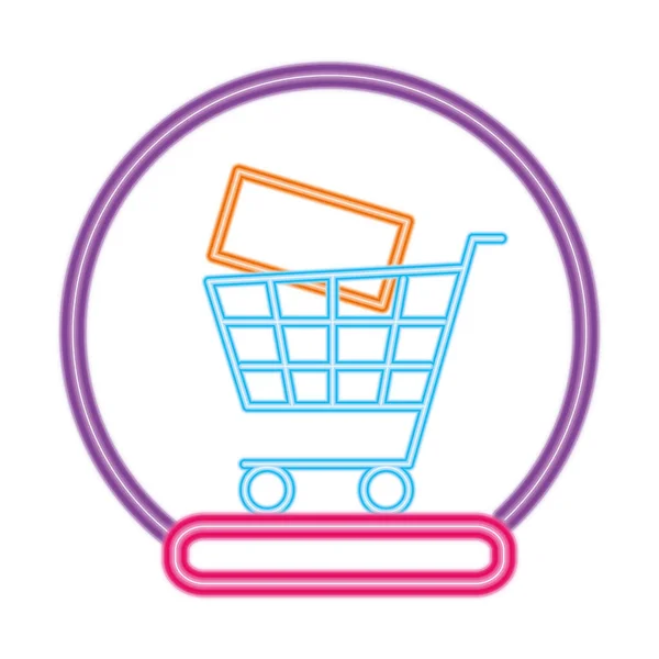 Neon label in shopping cart in circle vector design — Stock Vector