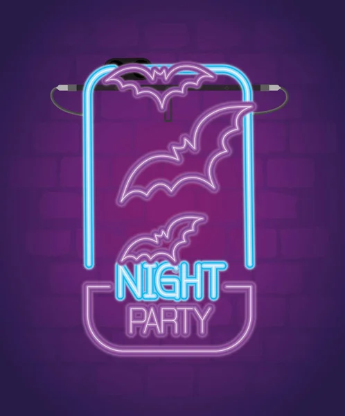 Festa halloween neon sinal com morcegos voando — Vetor de Stock