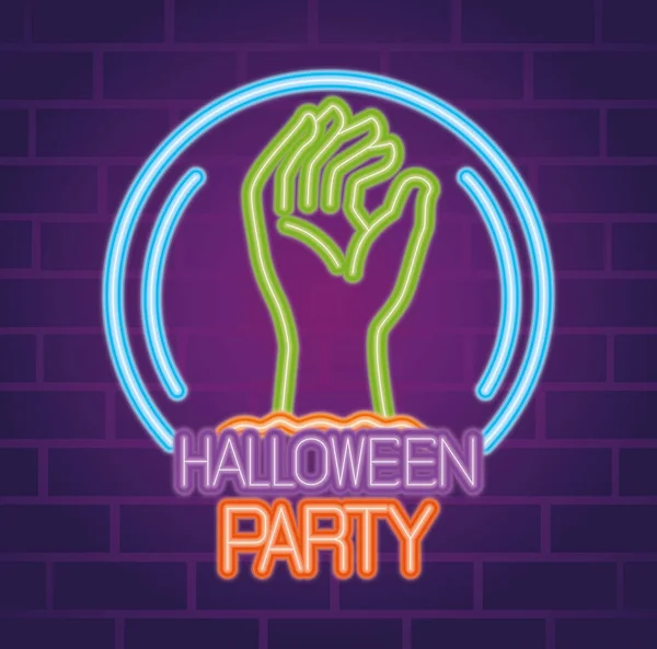 Párty halloween neon znamení s rukou zombie — Stockový vektor