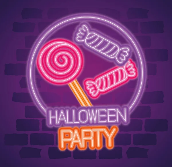 Festa halloween neon sinal com doces —  Vetores de Stock