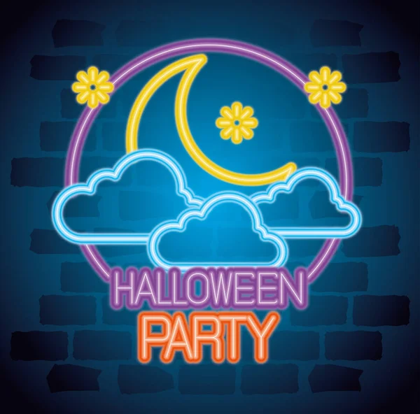 Festa halloween neon sinal com lua e nuvens —  Vetores de Stock