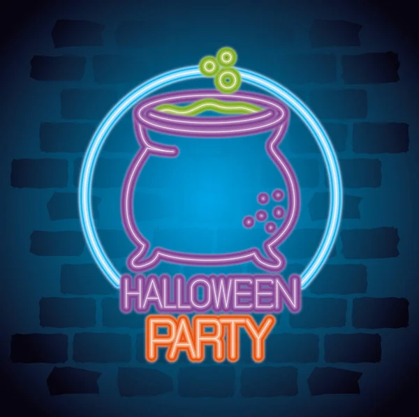 Fête halloween néon signe avec chaudron sorcière — Image vectorielle