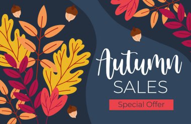 Sonbahar indirimi posteri, harfler ve mavi arka planda yapraklar.