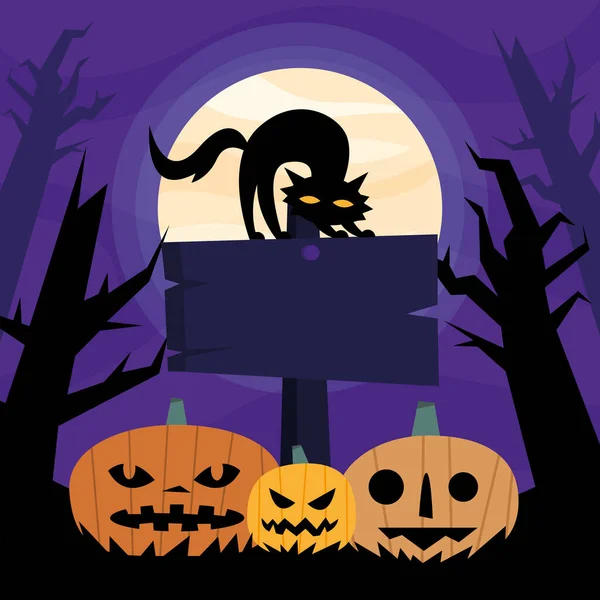 Halloween pompoenen cartoons en kat op banner vector ontwerp — Stockvector