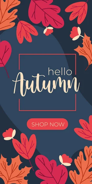 Affiche de vente d'automne avec lettrage et cadre carré motif feuilles en fond bleu — Image vectorielle