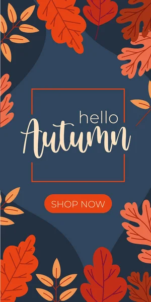 Cartel venta otoño con letras y hojas patrón marco cuadrado en fondo azul — Vector de stock