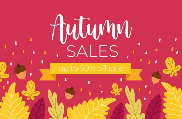 Herbst Verkauf Poster mit Schriftzug und Schleifenrahmen in rosa Hintergrund — Stockvektor