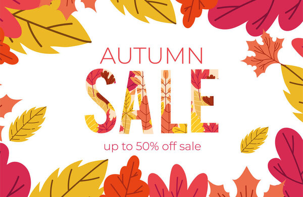 autumn sale poster with lettering and leafs pattern in white background